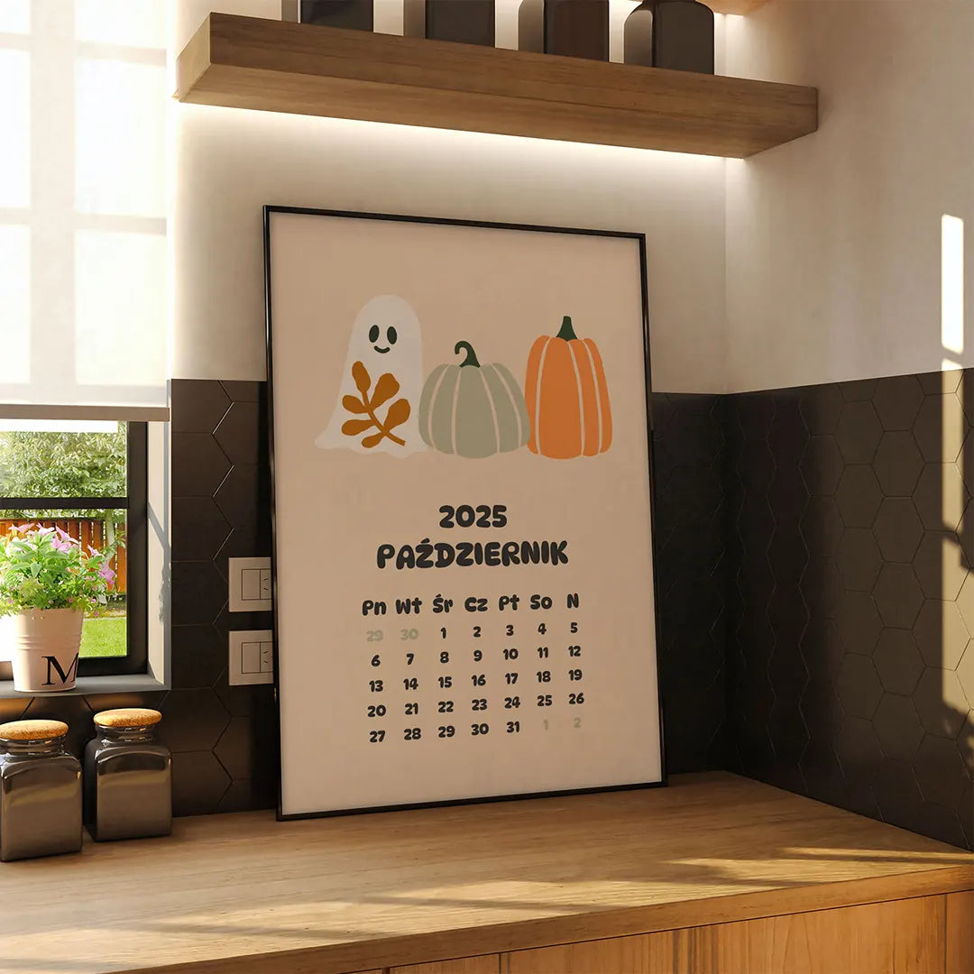 Plakat z kalendarzem na październik 2025 roku, z ilustracją dwóch dyń na górze