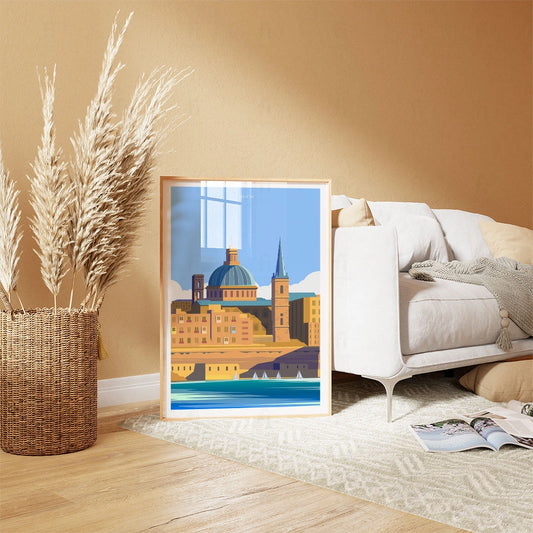 Plakat "Valletta, Malta" - Grafika ze Słońcem Morza Śródziemnego