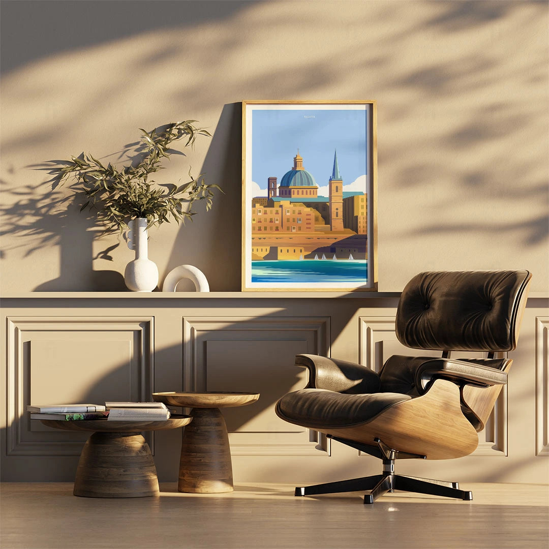 Plakat "Valletta, Malta" - Grafika ze Słońcem Morza Śródziemnego