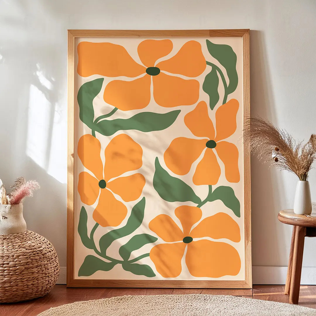 Plakat z pomarańczowymi kwiatami w stylu boho