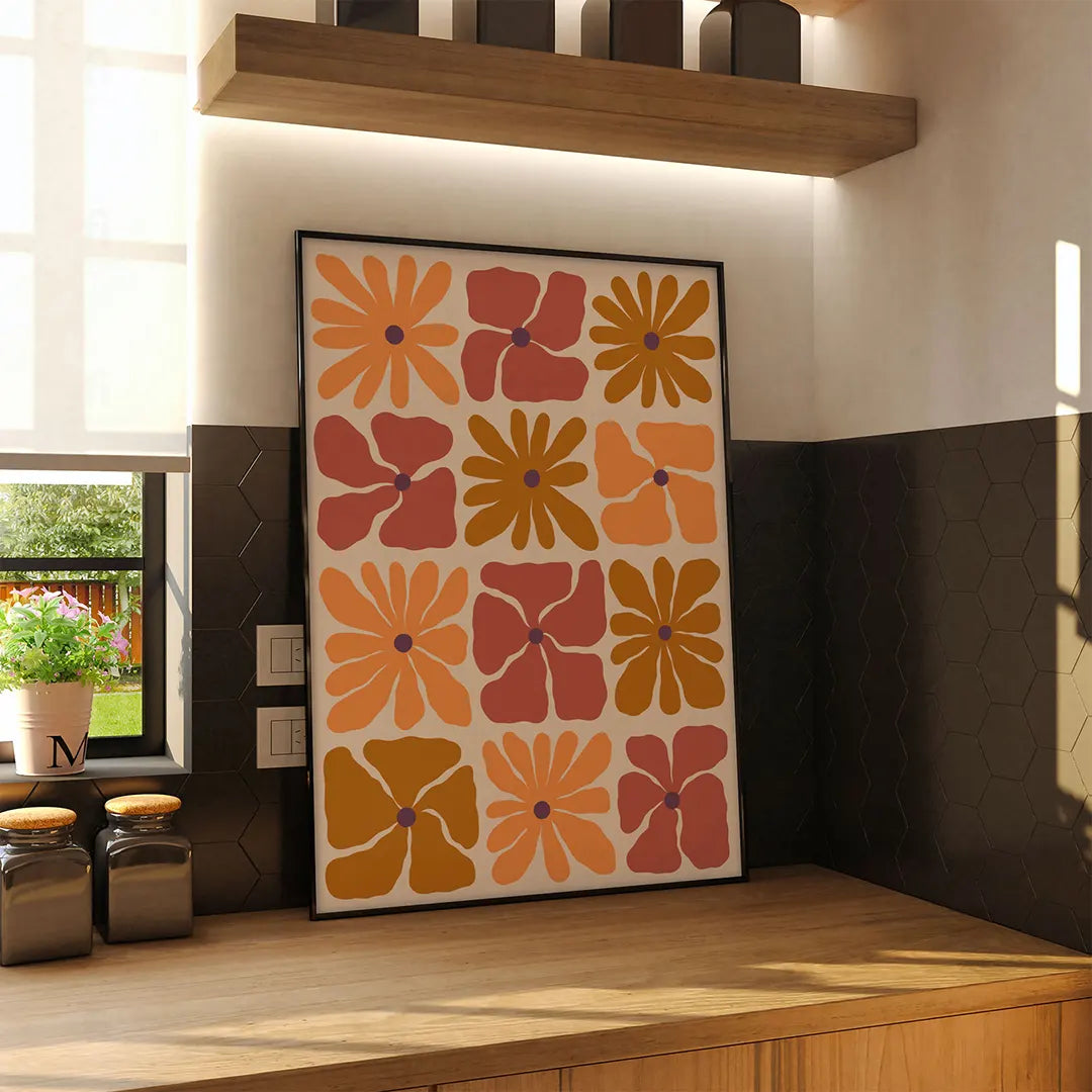 Plakat "Botaniczna Mozaika" - Grafika z Kwiatami w Stylu Retro