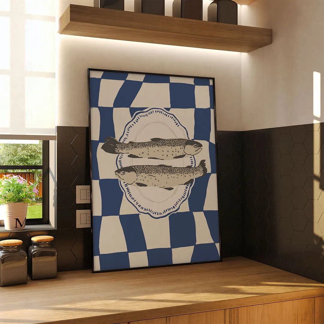 Plakat z ostrygami na kratkowanym tle
