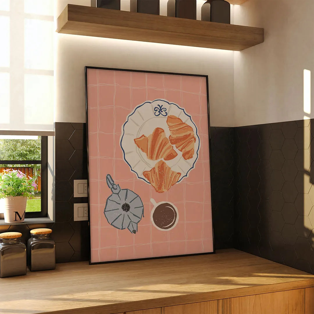 Plakat "Poranna Chwila" - Grafika z Kawą i Rogalikami