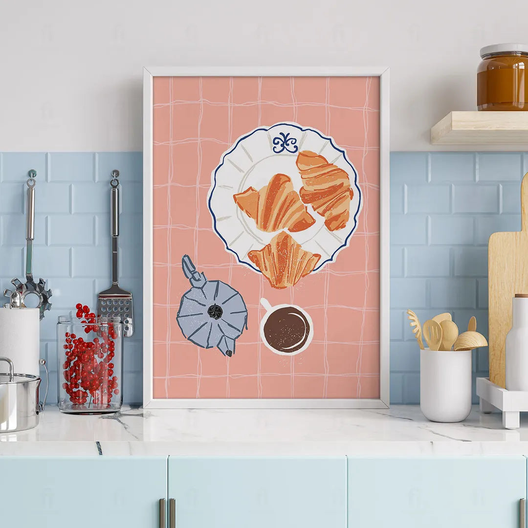 Plakat "Poranna Chwila" - Grafika z Kawą i Rogalikami