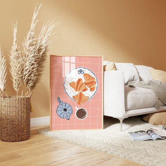 Plakat "Poranna Chwila" - Grafika z Kawą i Rogalikami