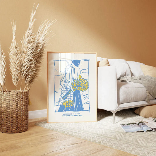 Plakat "Happy Food, Happy Life" - Grafika z Cytatem do Kuchni