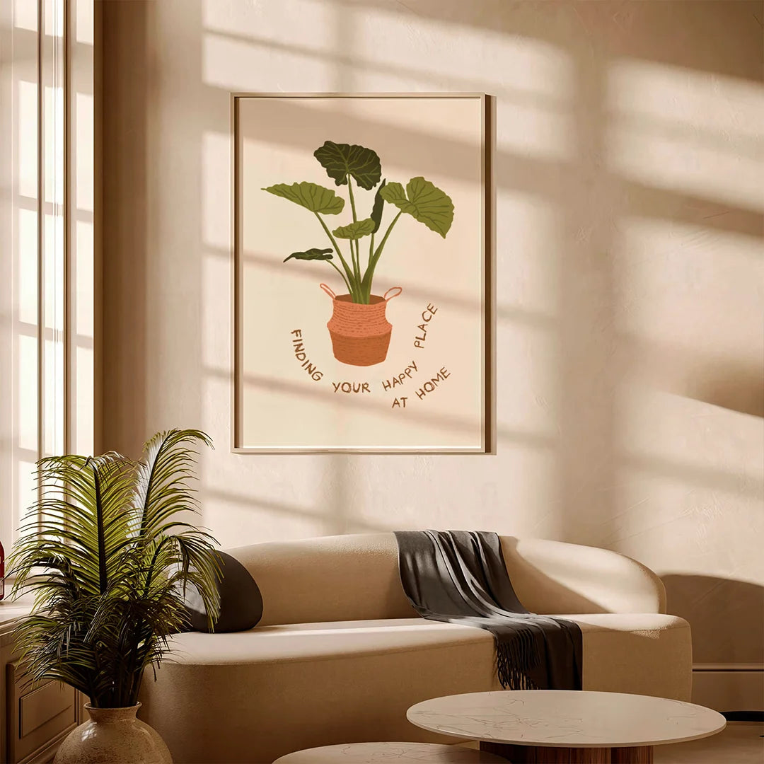 Plakat "Szczęśliwe Miejsce" - Grafika z Rośliną i Cytatem