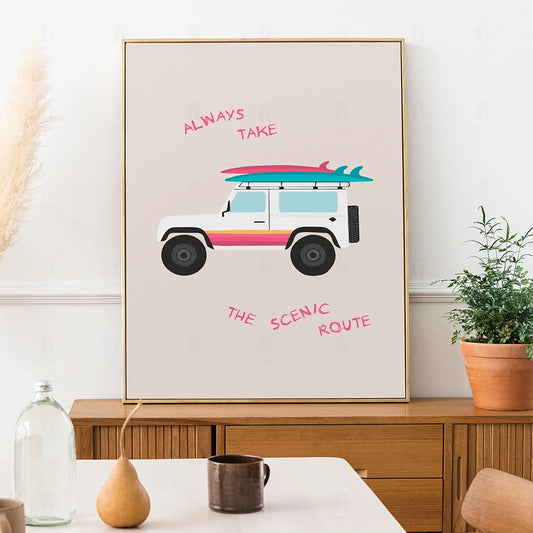 Plakat "Wybieraj Malowniczą Trasę" - Grafika z Autem