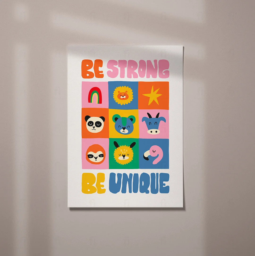 Plakat "Bądź Silny, Bądź Unikalny" - Inspirująca Grafika dla Dzieci