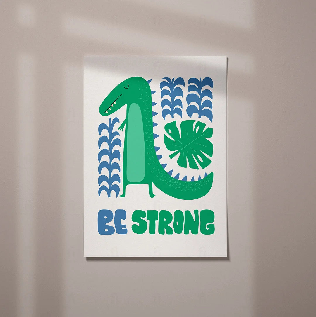 Plakat "Bądź Silny" - Inspirująca Grafika z Dinozaurem
