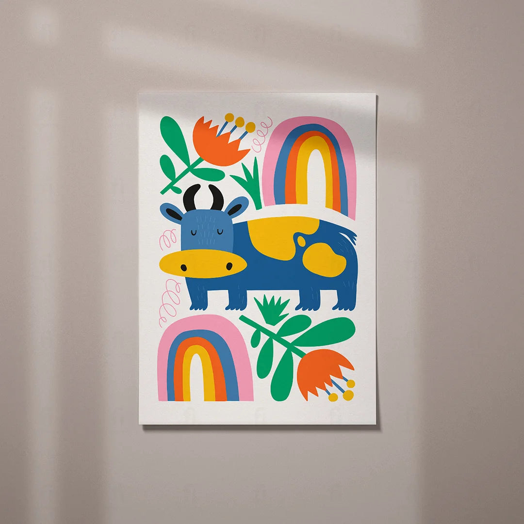 Plakat "Tęczowe Marzenia" - Grafika z Krówką i Tęczą