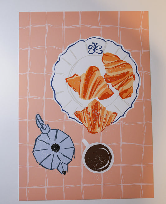 Plakat "Poranna Chwila" - Grafika z Kawą i Rogalikami - Outlet