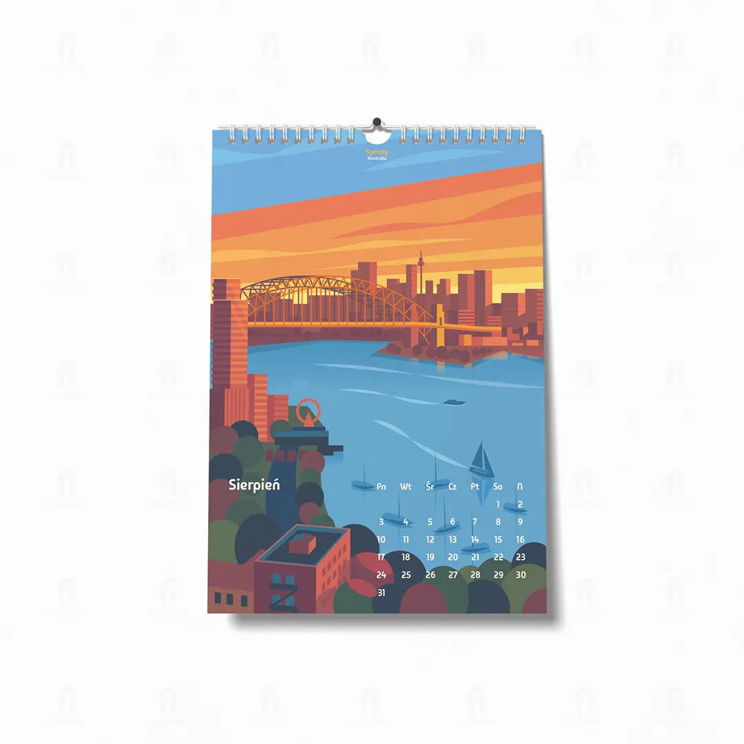 Kalendarz_2026-sierpen-grafiką przedstawiającą budynek Opery w Sydney, Australia.