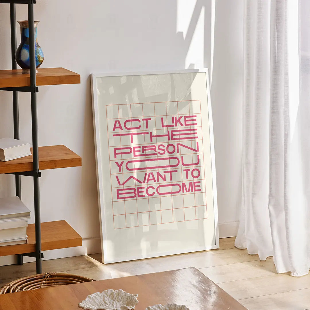 Plakat z minimalistyczną, kolorową grafiką z napisem "ACT".