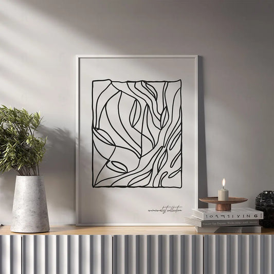 Plakat z czarno-białą grafiką line art przedstawiającą kompozycję liści na geometrycznej siatce w salonie