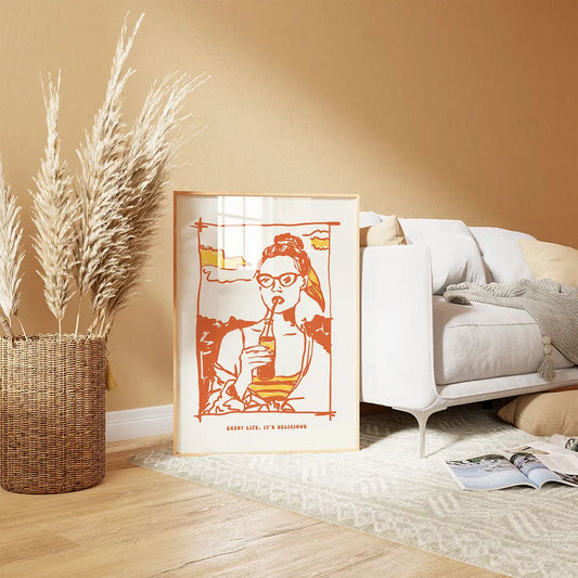 Plakat z motywującym napisem "Enjoy Life, It's Delicious" w stylu vintage