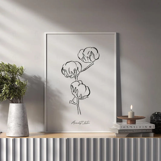 Plakat z czarno-białą grafiką line art przedstawiającą gałązkę bawełny.
