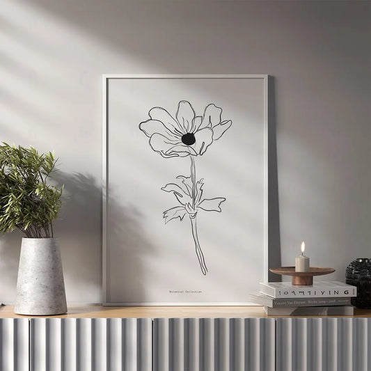 Plakat z anemonem wiszący w sypialni w stylu minimalistycznym.