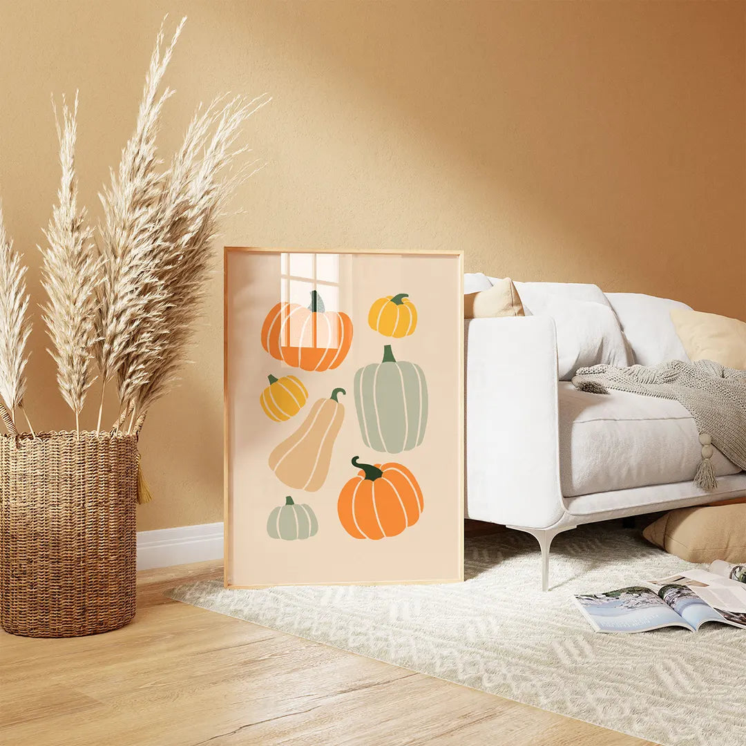 Plakat z różnymi dyniami-boho