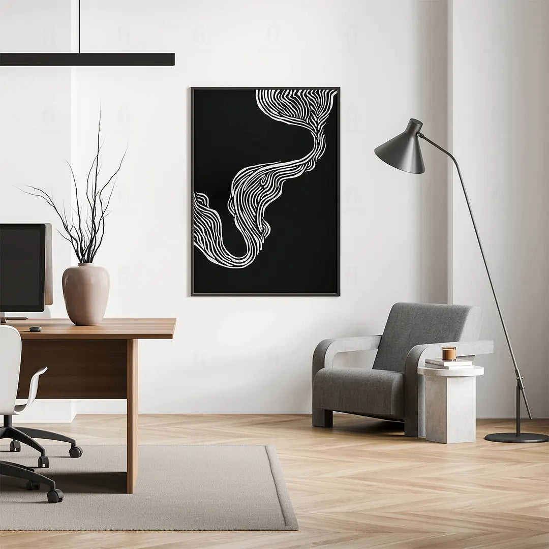 Plakat abstrakcyjny z liniami wiszący w nowoczesnym biurze.