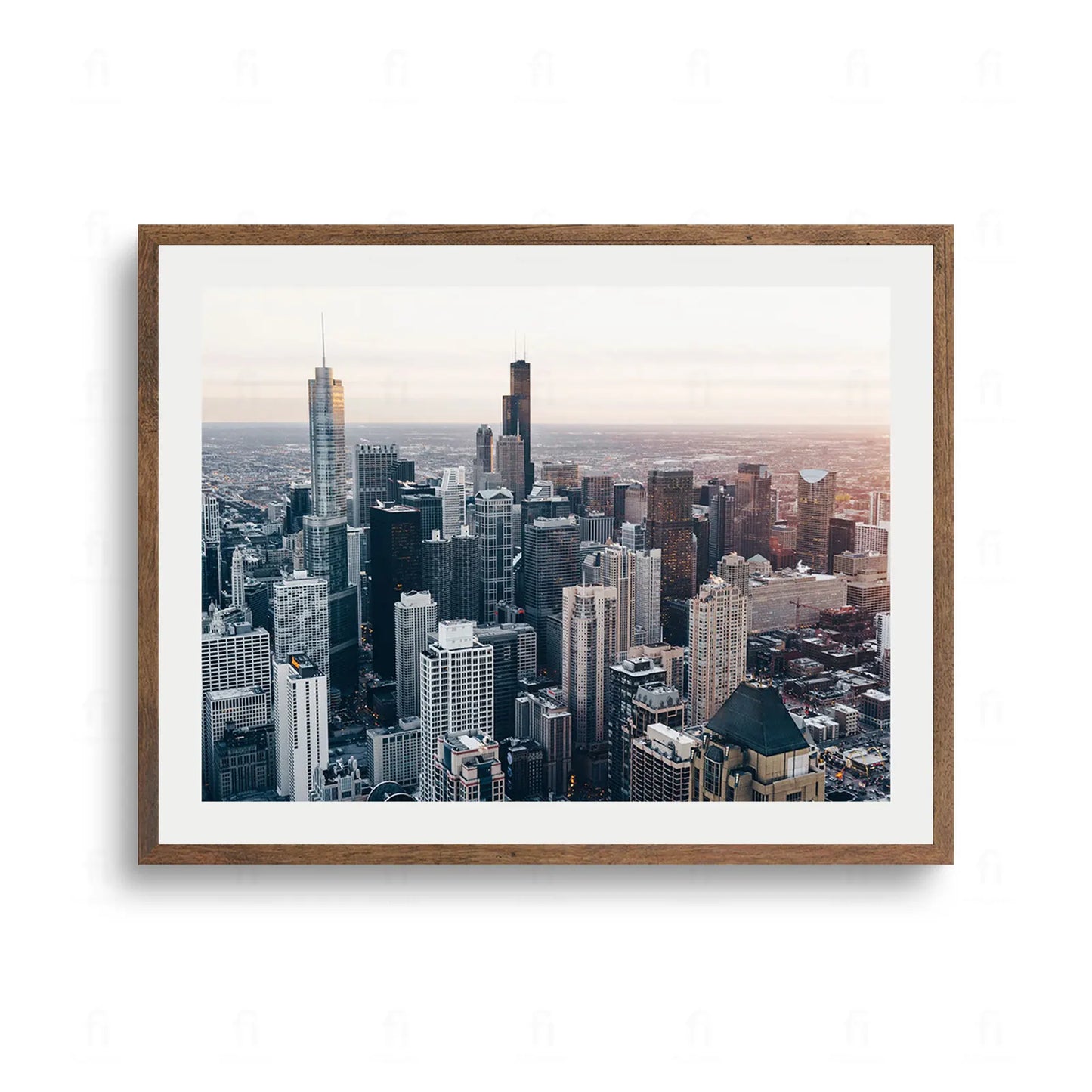 Plakat przedstawiający panoramę nowoczesnej metropolii z lotu ptaka w świetle dnia, gęsta sieć drapaczy chmur.