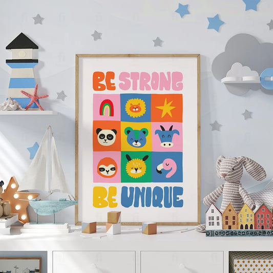 Plakat "Bądź Silny, Bądź Unikalny" - Inspirująca Grafika dla Dzieci