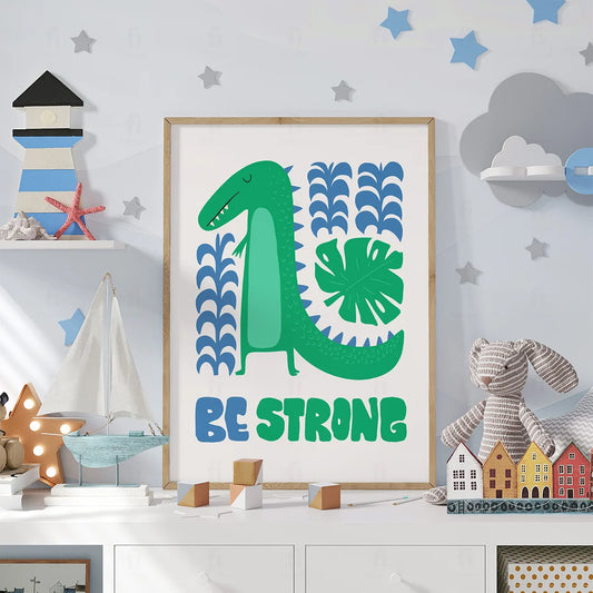 Plakat "Bądź Silny" - Inspirująca Grafika z Dinozaurem