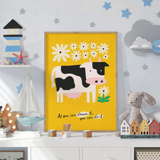 Plakat "Mleczna Inspiracja" - Grafika z Krową i Pozytywnym Przesłaniem