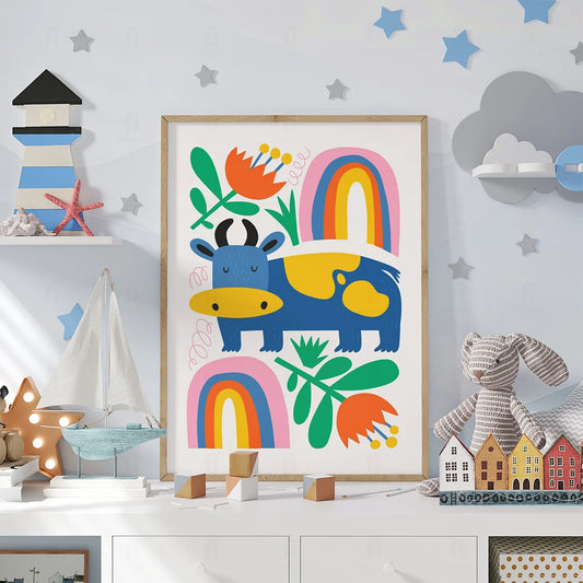 Plakat "Tęczowe Marzenia" - Grafika z Krówką i Tęczą