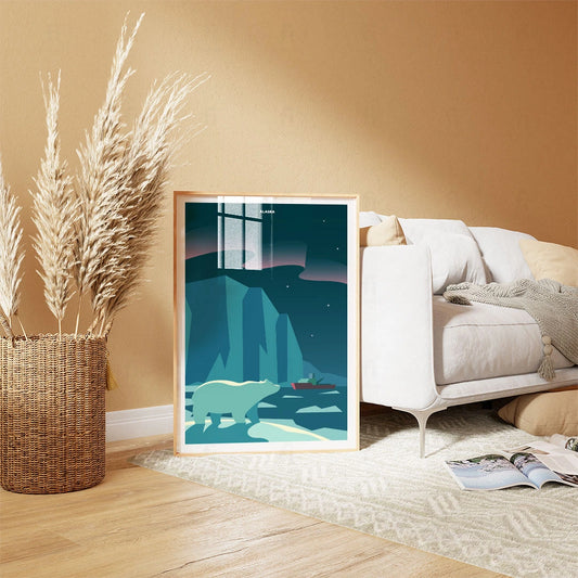 Plakat z artystyczną grafiką przedstawiającą zorzę polarną nad ośnieżonym krajobrazem Alaski