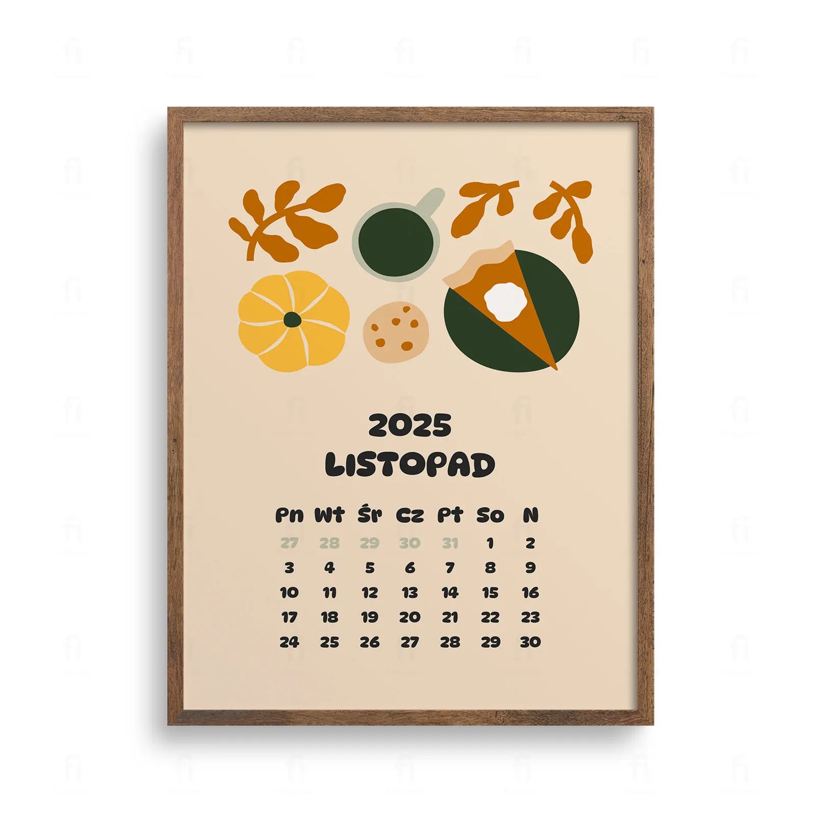 Plakat z kalendarzem na listopad 2025 roku, ozdobiony grafiką w stylu flat lay z kubkiem kawy, kawałkiem ciasta dyniowego, ciastkiem i dynią.