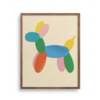 Plakat do pokoju niemowlaka z motywem psa z balonów. Geometryczna ilustracja w stylu skandynawskim, pastelowe kolory i widoczne ziarno.