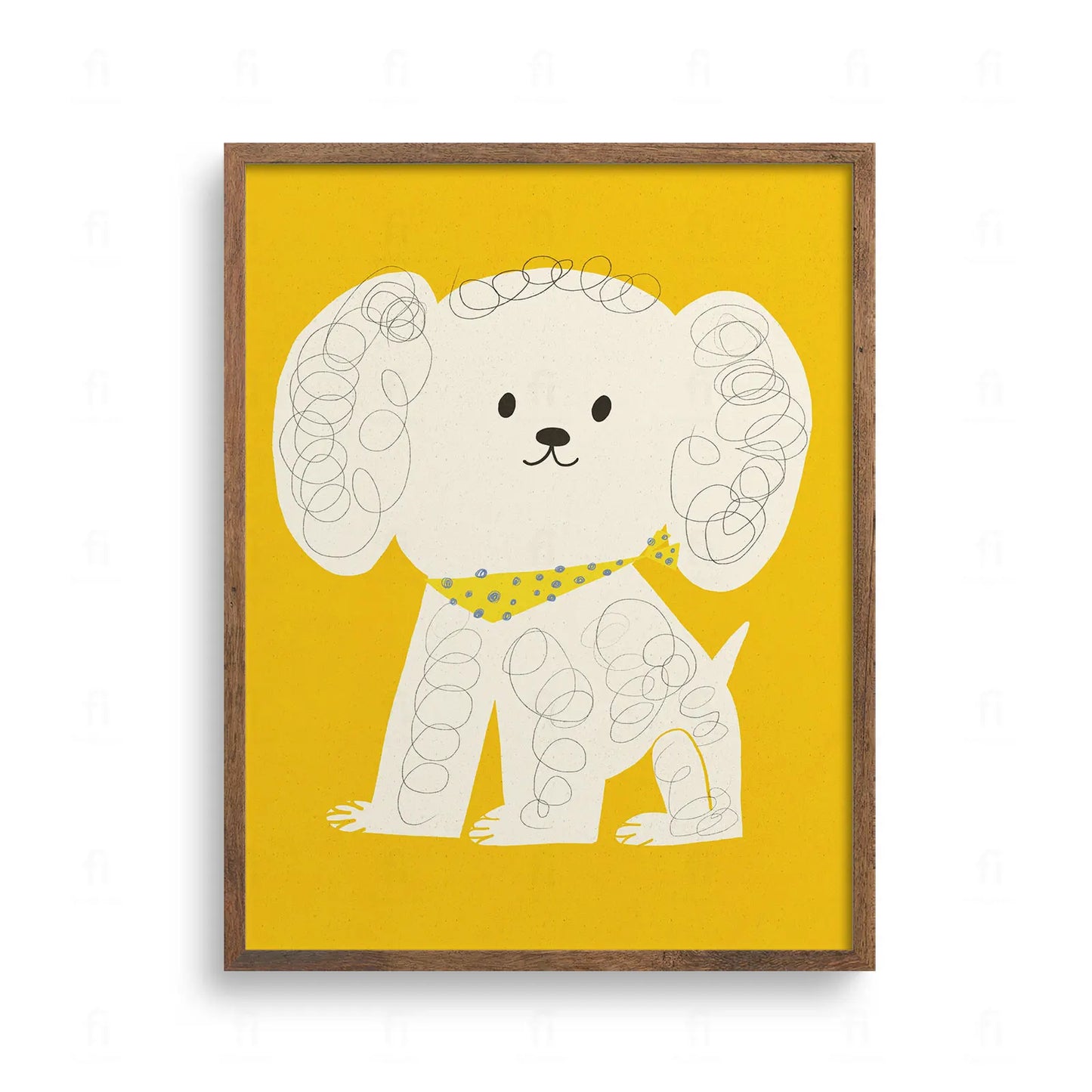 Plakat do pokoju dziecka z białym pieskiem na żółtym tle. Radosna ilustracja w stylu vintage z ziarnistą teksturą.