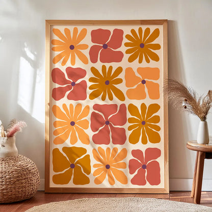 Geometryczny wzór w stylu retro składający się z kwadratowych pól z kwiatami-boho
