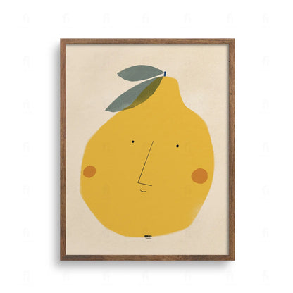 Plakat z żółtą cytryną z namalowaną twarzą, minimalistyczna ilustracja owocu do kuchni lub pokoju dziecka, ziarnista tekstura.