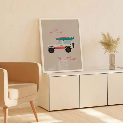 Plakat "Wybieraj Malowniczą Trasę" - Grafika z Autem