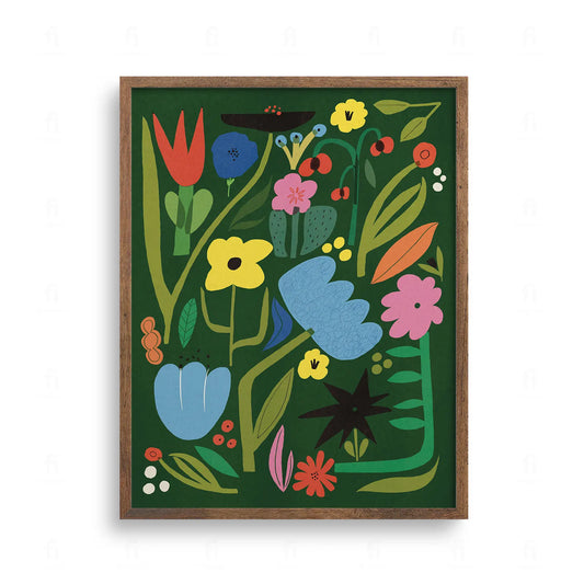 Plakat botaniczny z kolorowymi dzikimi kwiatami na ciemnozielonym tle. Stylizowana roślinność w stylu Matisse, tekstura vintage.