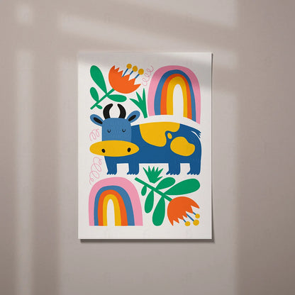 Plakat "Tęczowe Marzenia" - Grafika z Krówką i Tęczą