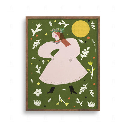 Plakat w stylu folk przedstawiający tancerkę w ludowym stroju na zielonym tle. Ilustracja etno, słońce i motywy roślinne.