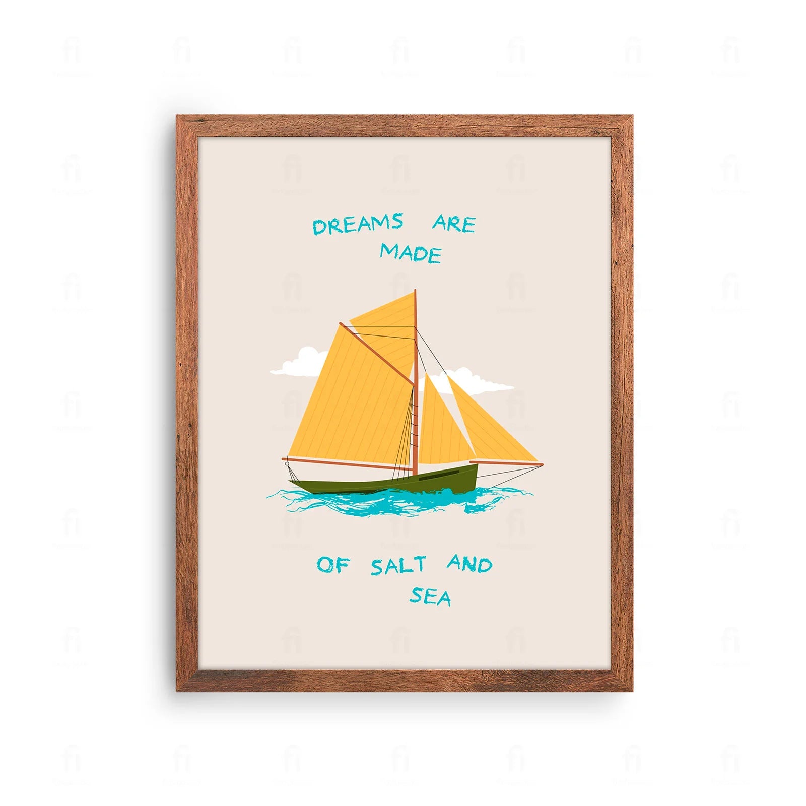 Plakat z artystyczną grafiką z żaglówką i inspirującym cytatem o marzeniach.

