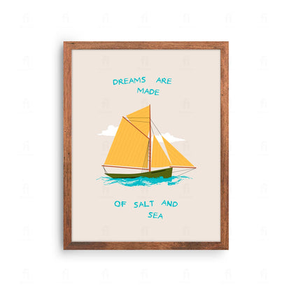 Plakat z artystyczną grafiką z żaglówką i inspirującym cytatem o marzeniach.
