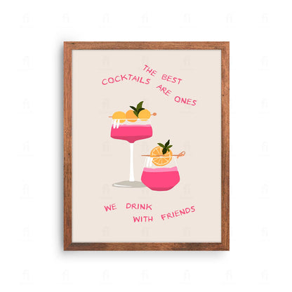 Plakat z grafiką w stylu retro przedstawiającą różne koktajle i napis "Koktajle z Przyjaciółmi".