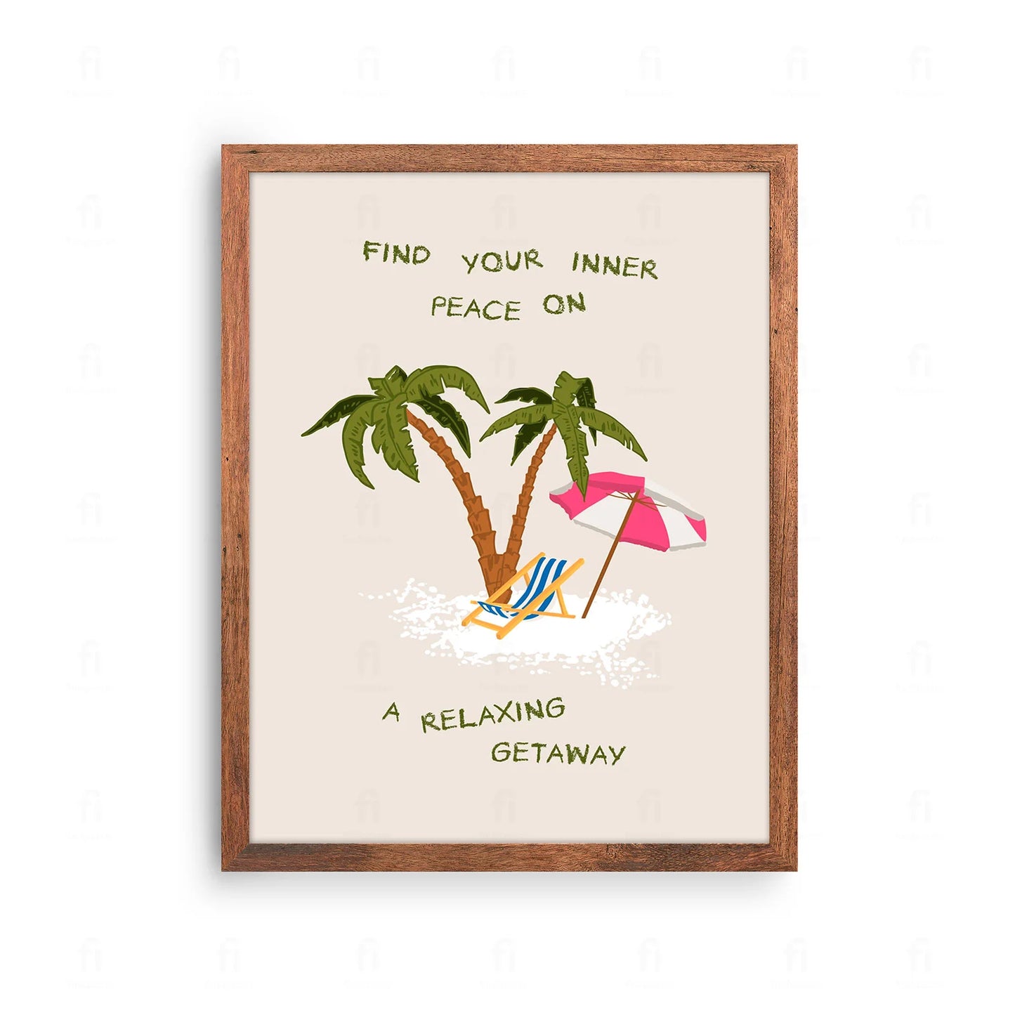 Plakat z artystyczną grafiką przedstawiającą leżak między palmami na plaży.