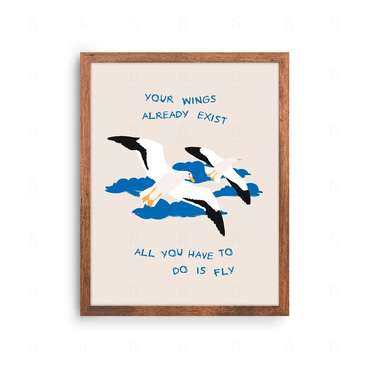 Plakat z inspirującą, symboliczną grafiką przedstawiającą skrzydła i motywujący napis.