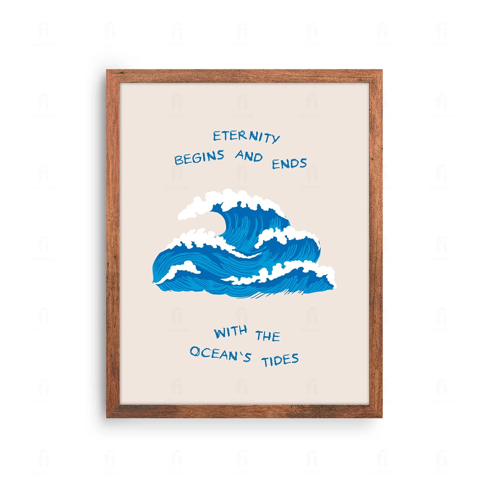 Plakat z minimalistyczną, abstrakcyjną grafiką przedstawiającą fale oceanu.
