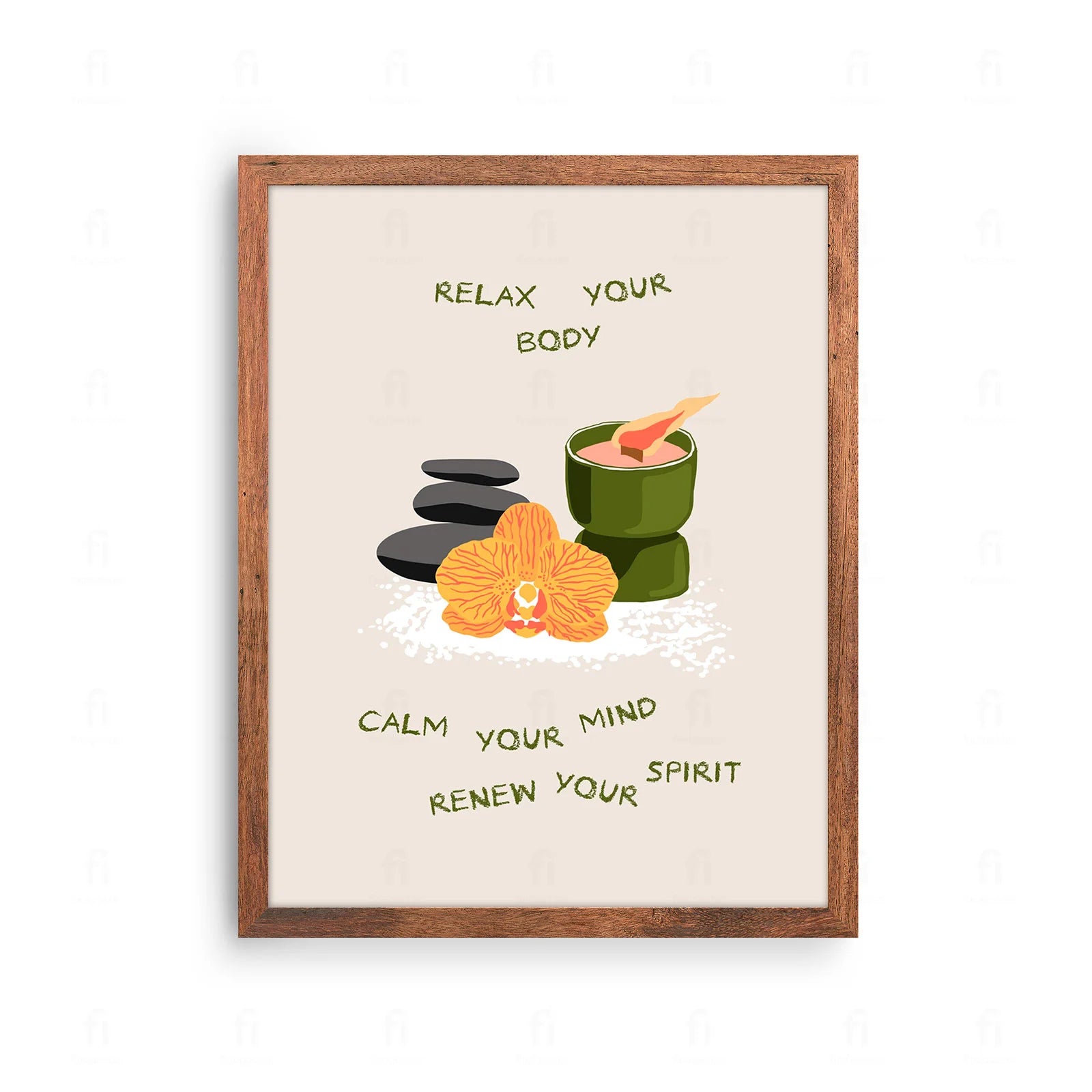 Plakat z minimalistyczną grafiką z motywami wellness i napisem "Relaksacja i Odnowa".
