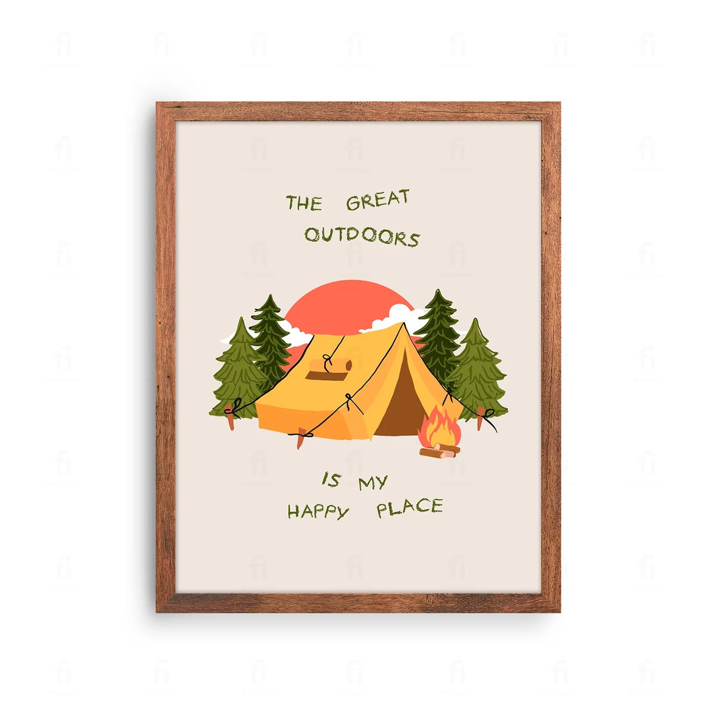 Plakat z artystyczną grafiką przedstawiającą namiot na tle górskiego krajobrazu.
