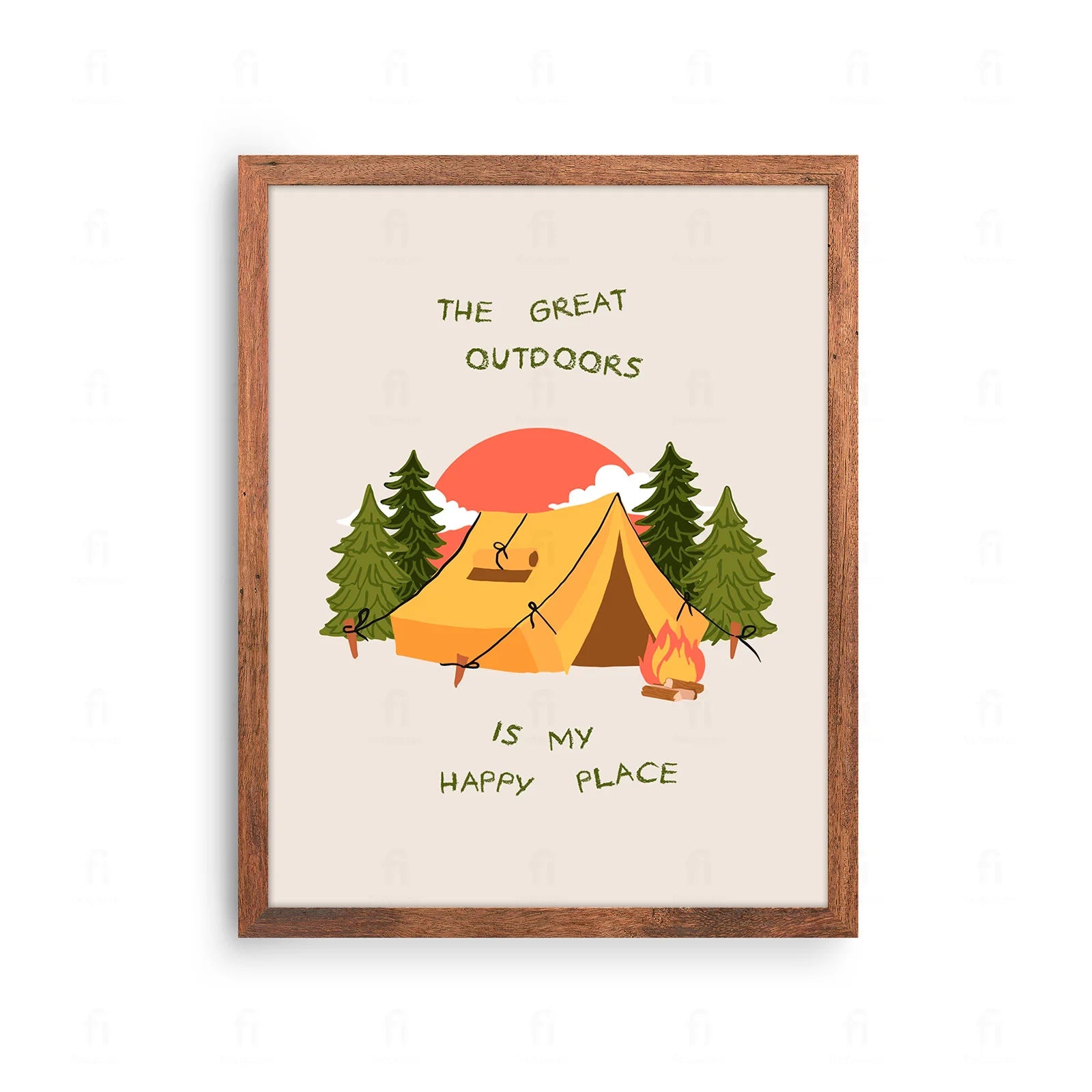 Plakat z artystyczną grafiką przedstawiającą namiot na tle górskiego krajobrazu.
