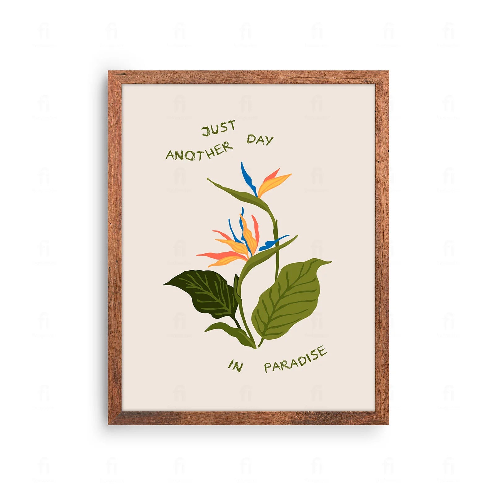 Plakat z artystyczną grafiką przedstawiającą palmę na plaży i napis "Kolejny Dzień w Raju".