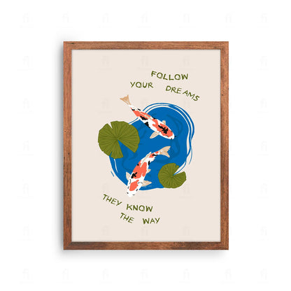 Plakat z inspirującą, kolorową grafiką z napisem "Podążaj za Marzeniami".
